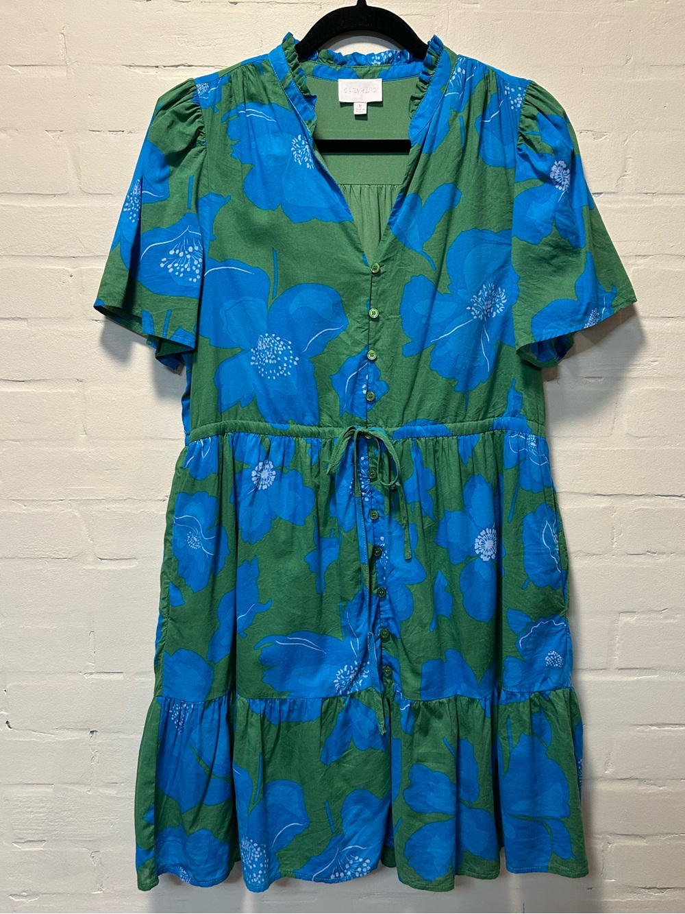SugarLips Blue Green Floral Mini Dress Button Front Tie Waist Size M - Picture 3 of 9